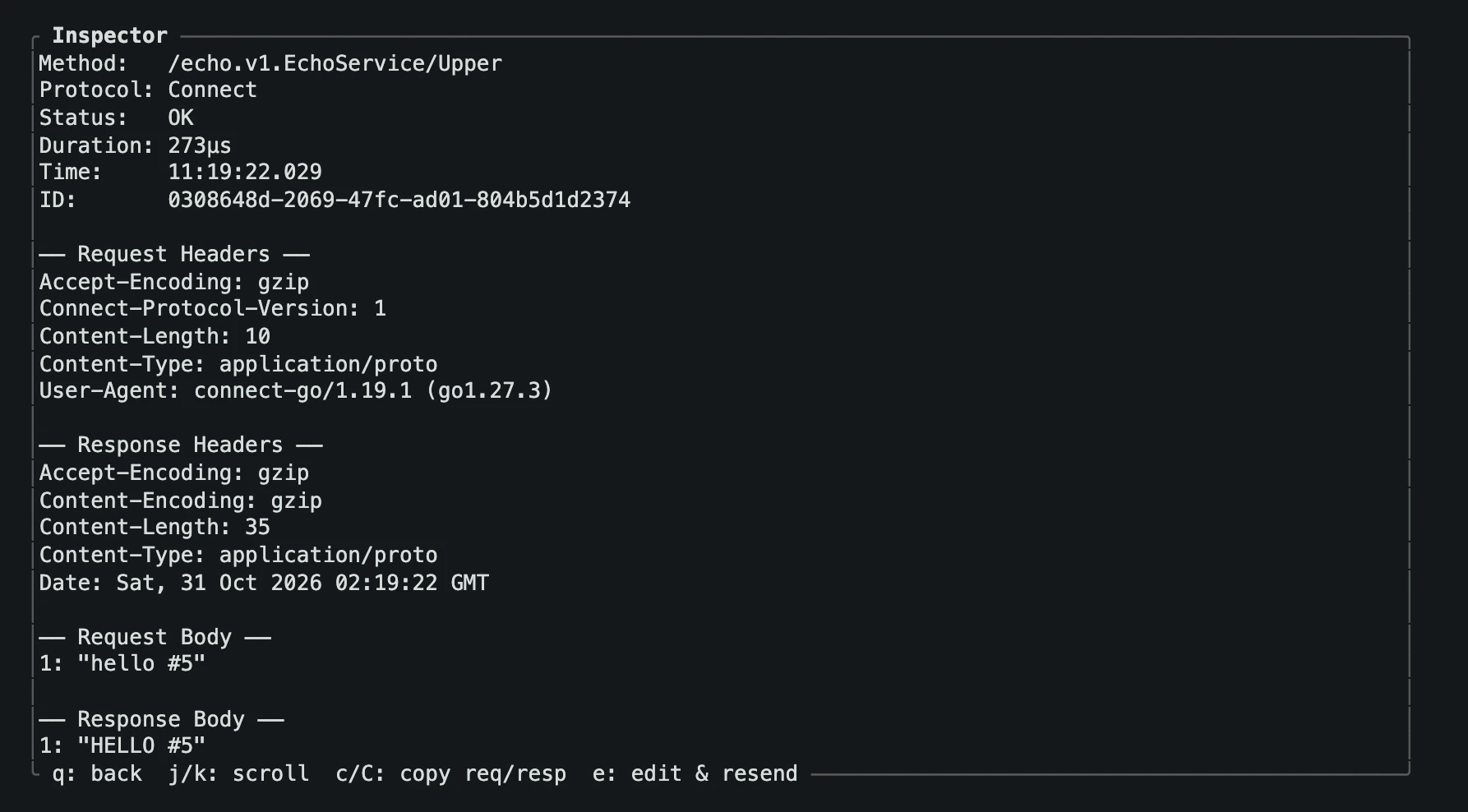 The grpc-tap inspector showing a Connect call with its headers and bodies by field number