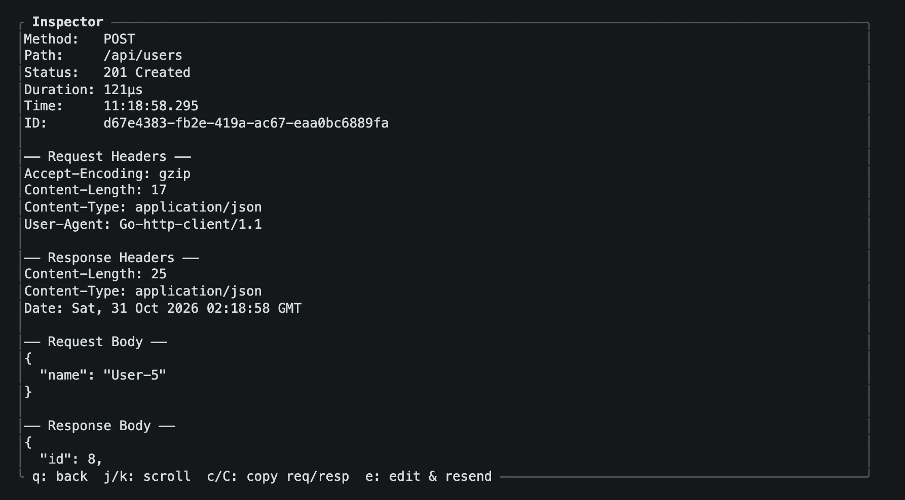 The http-tap inspector showing a POST request with its headers and JSON bodies