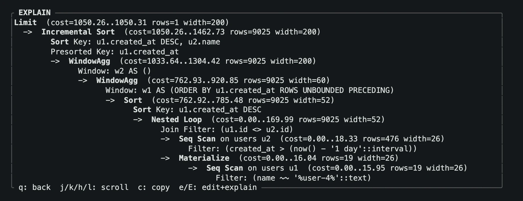 An EXPLAIN plan for a captured query, shown inside sql-tap