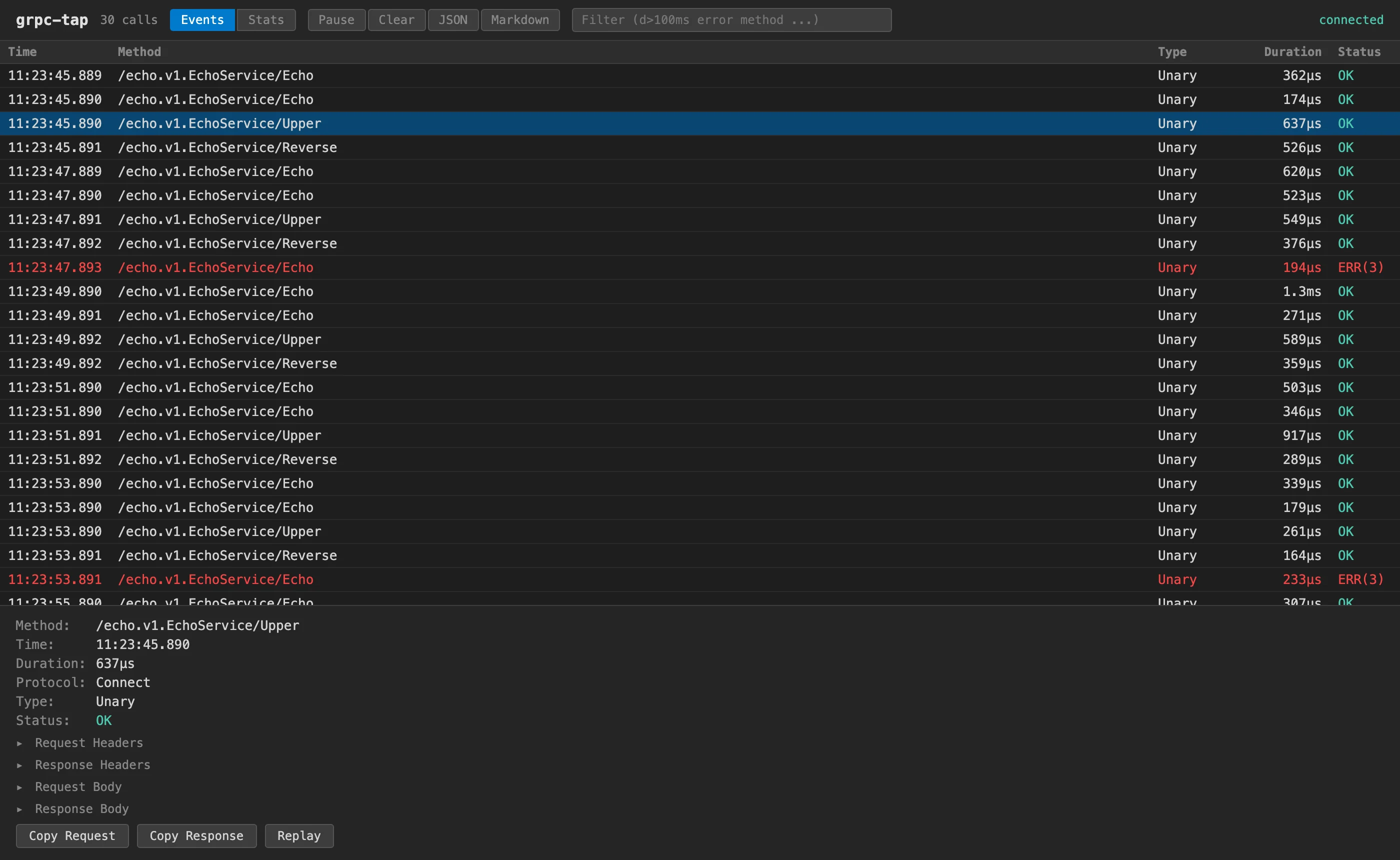 The grpc-tap Web UI listing calls, with a selected call and a Replay button