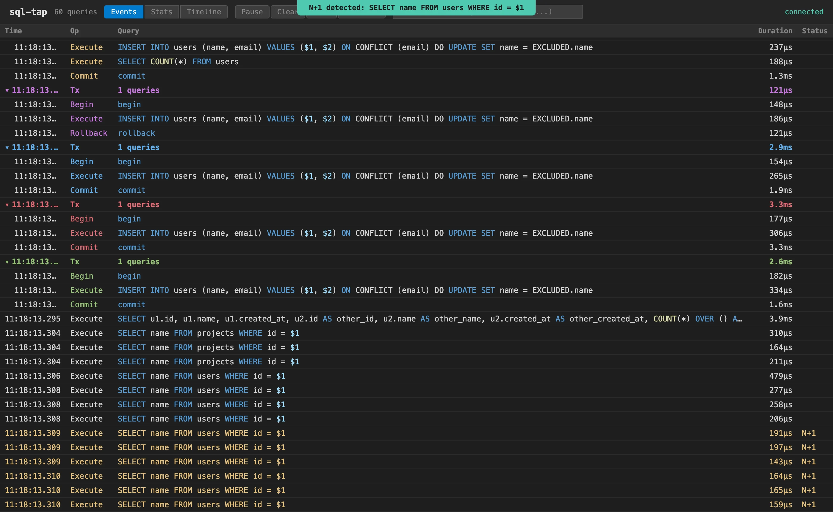 The sql-tap Web UI with a toast reporting an N+1 query and the flagged rows highlighted